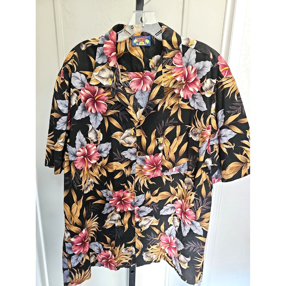 Vintage Hawaii Blues XL Black Floral Hawaiian Aloha Shirt